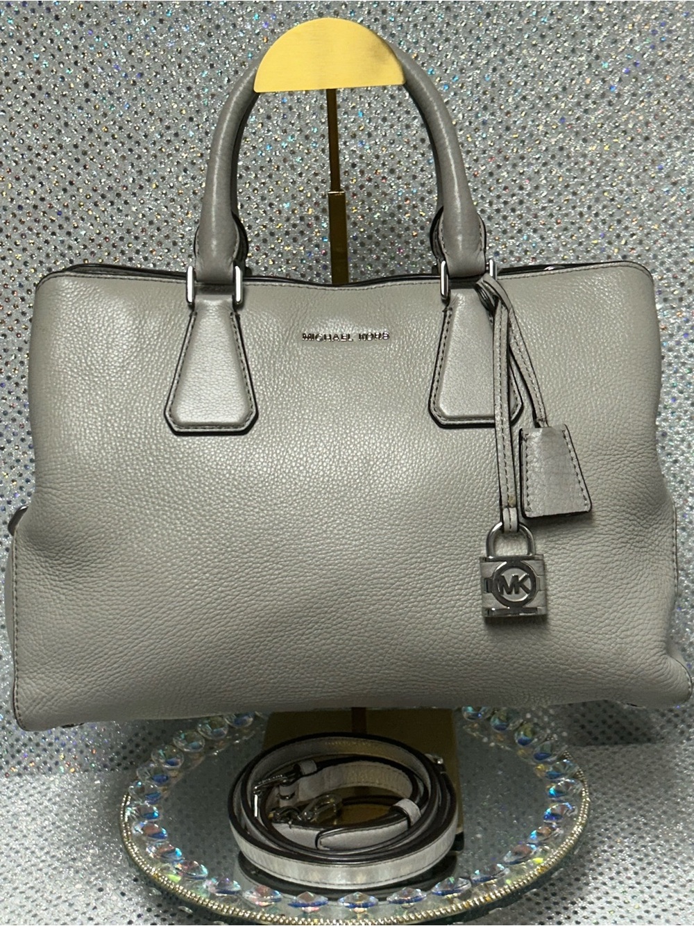 Michael Kors Light Gray Pebbled Leather Satchel w/MK Lock Charm Approx. 14x9x5